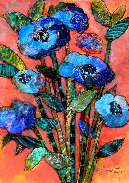 JANET LEO  sfa   ORIGINAL MIXED MEDIA   collage  BLUE BLOOMS   floral