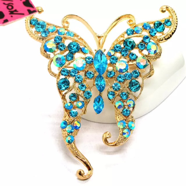 New Betsey Johnson Blue Bling Rhinestone Cute Butterfly Crystal Charm Brooch Pin