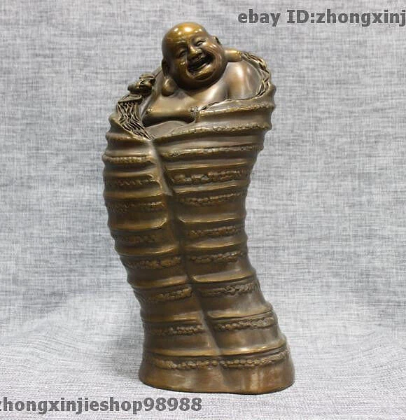 14" China Buddhism Bronze Auspicious laugh Bamboo tube Maitreya Buddha Statue