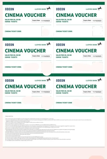 6 x Club Lloyds Odeon Cinema Tickets for iSense 2D 3D Films - Expiry 9/10/2024