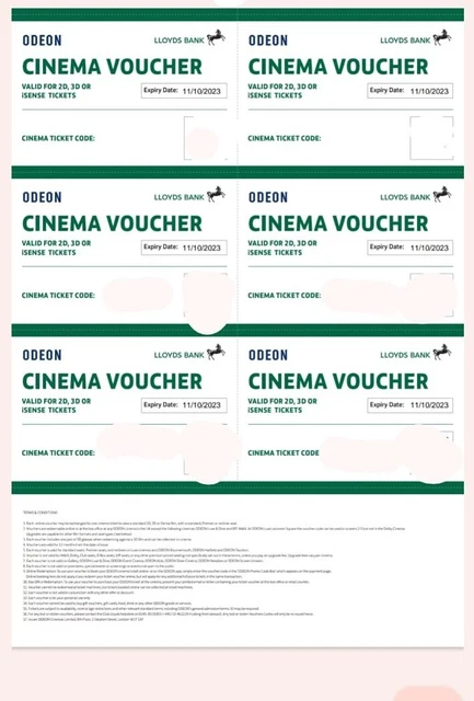 6 x Club Lloyds Odeon Cinema Tickets for iSense 2D 3D Films - Expiry 9/10/2024 6 x Club Lloyds Odeon Cinema Tickets for iSense 2D 3D Films - Expiry 9/10/2024