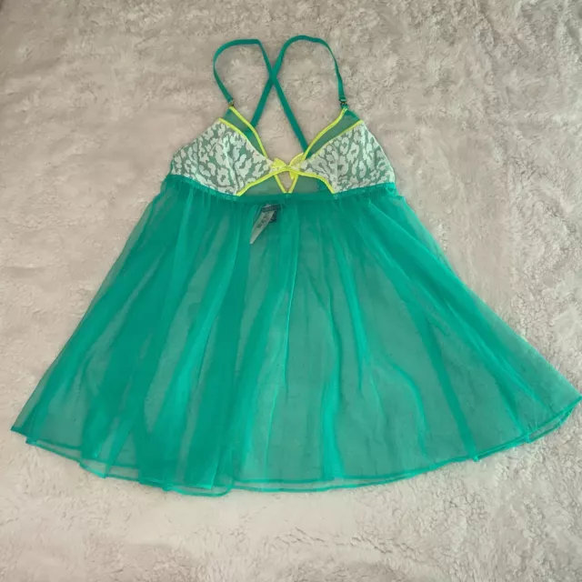  New Victoria's Secret Sz Medium Sheer Sea Green Babydoll Chemise Short Length 