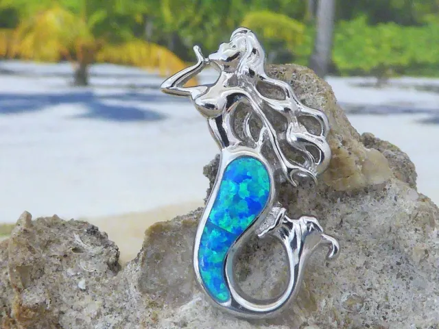 Blue Opal Mermaid Slide Sterling Silver Pendant With Long Flowing Hair 2