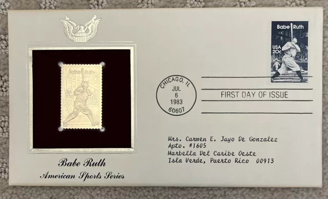 1983 Babe Ruth, FIRST DAY COVER, Baseball, Gold Stamp Replica