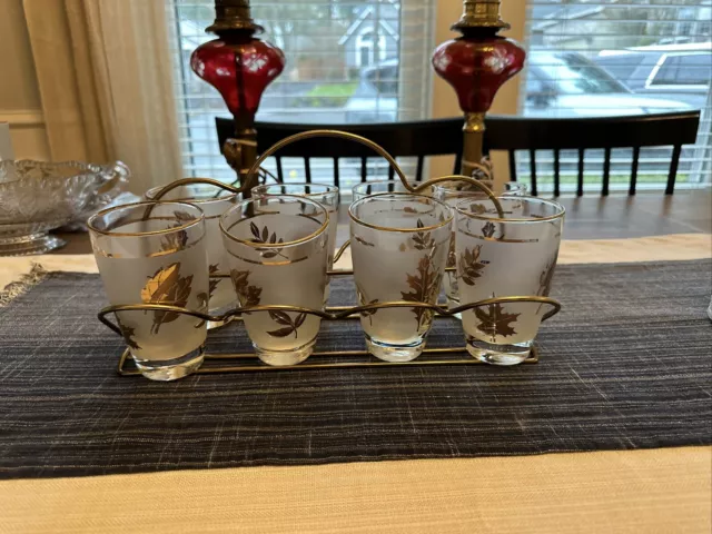 Libbey MCM Frosted Gold Leaf High Ball Glasses Bar Ware Set of 8 Original Caddy