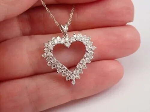Real Moissanite 2Ct Round Cut Heart Pendant 14K White Gold Plated 18' Free Chain