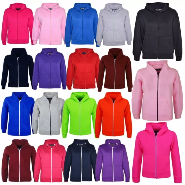 New Kids Girls And Boys Unisex Plain Fleace Hoodie Zip Up Style Size 5-13 Years