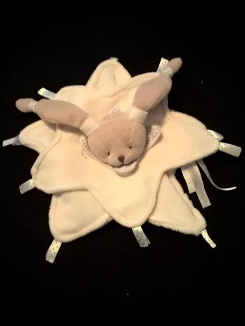 Peluche doudou et compagnie plat étoile lapin blanc et gris beige céleste ruban