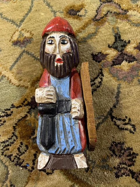 Carved Folk Art Wood Sculpture Figurine Man with Sword & Shield