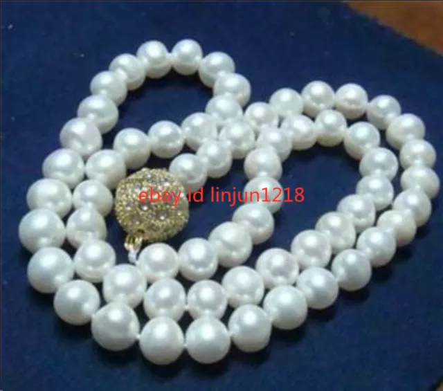 Natural 9-10MM WHITE AKOYA CULTURED PEARL NECKLACE 18" 14KGP Clasp AAA