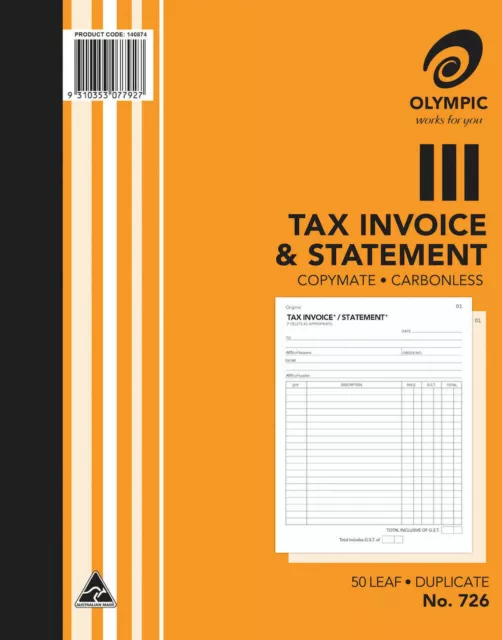 Olympic No.726 Tax Invoice & Statement Copymate Carbonless 50 Leaf Duplicate