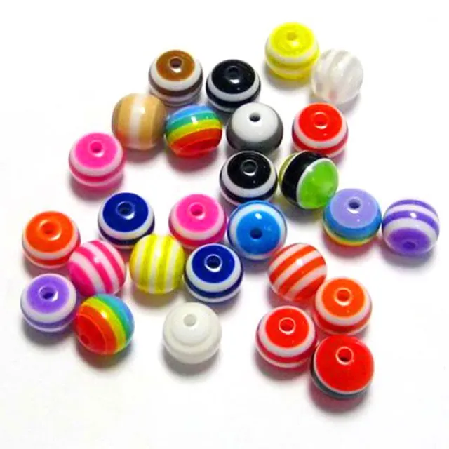 200pcs 10mm coloré à rayures acryliques perles rondes Accessoires pour la