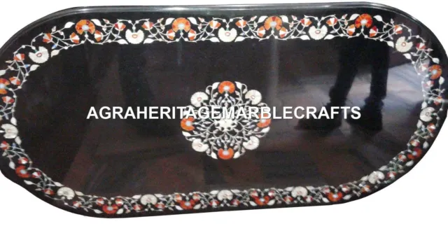 Marble Black Dining Table Top Marquetry Inlay Gemstone Art Furniture Decor H2428