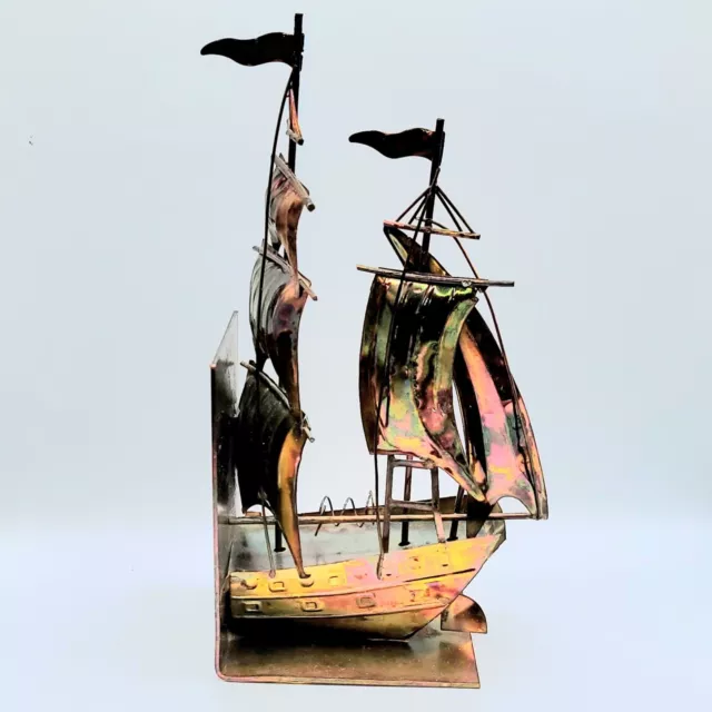 Vintage Brutalist Sailing Ship Bookend Copper Brass Metal Boat Nautical Pirate