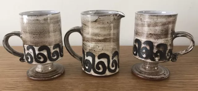 Briglin Studio Art Pottery Footed Mugs Cups Goblets X2 & Cylindrical Jug Vintage