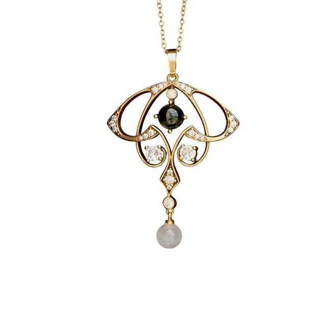 Collier Pendentif Doré Vieilli Avec Agate Mousse Et Perle De Pierre De Lune Véritable - SB22 - Neuf Sans Emballage