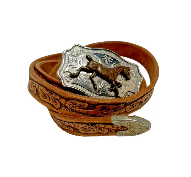 Youth Leather Western Belt Vtg Kings Western Shop Horse Buckle Tooled Distressed
