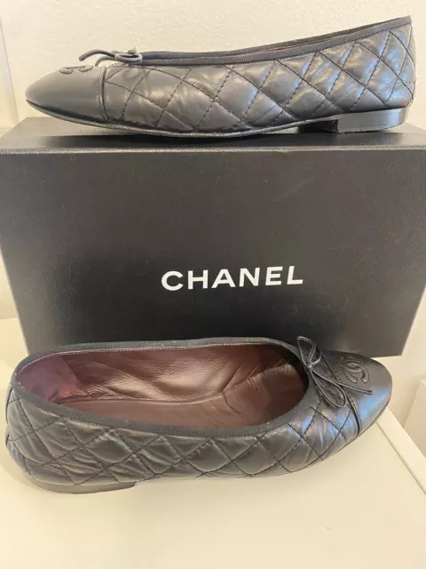 AUTHENTIC CHANEL BLACK Aged-Calfskin Quilted ballerina flats size 39  $449.00 - PicClick