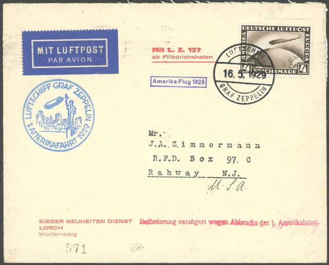 ZEPPELINPOST 1929, Amerikafahrt, Bordpost, mit Verzögerungsstempel, Prachtbrief