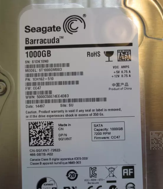 Pour Pièces Seulement Seagate ST1000DM003 1CH162-510 Fw: CC47 Su 1000gb 3.5 "