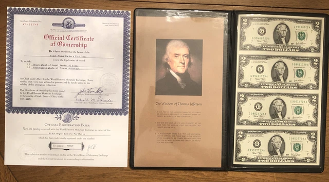World Reserve Monetary Exchange Uncut Sheet $2 Dollar Bills Jefferson 2003 W/COA