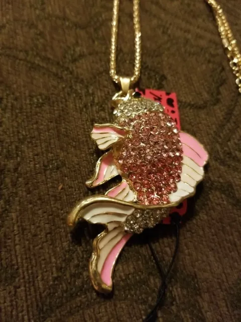 Beautiful Betsey Johnson Bling  Pink Rhinestone Enamel Goldfish Necklace Pendant