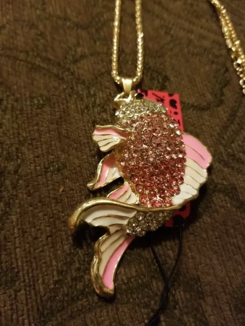 Beautiful Betsey Johnson Bling  Pink Rhinestone Enamel Goldfish Necklace Pendant