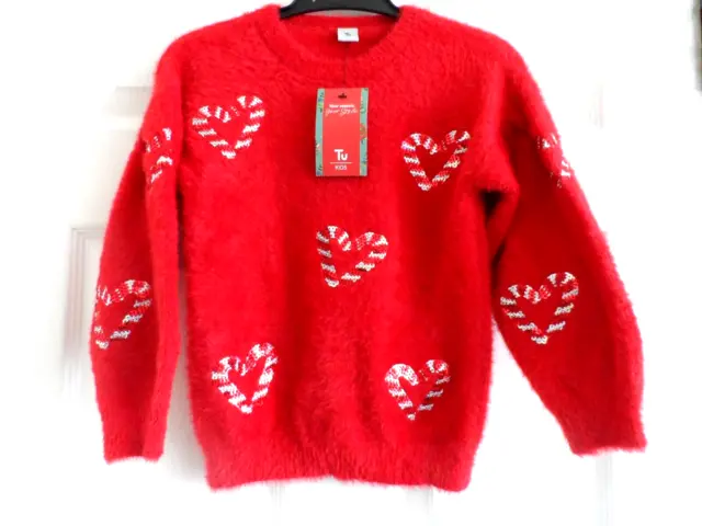 New With Tags Tu Girls Red Sequin Candy Cane Heart Christmas Jumper 3 - 4 Years