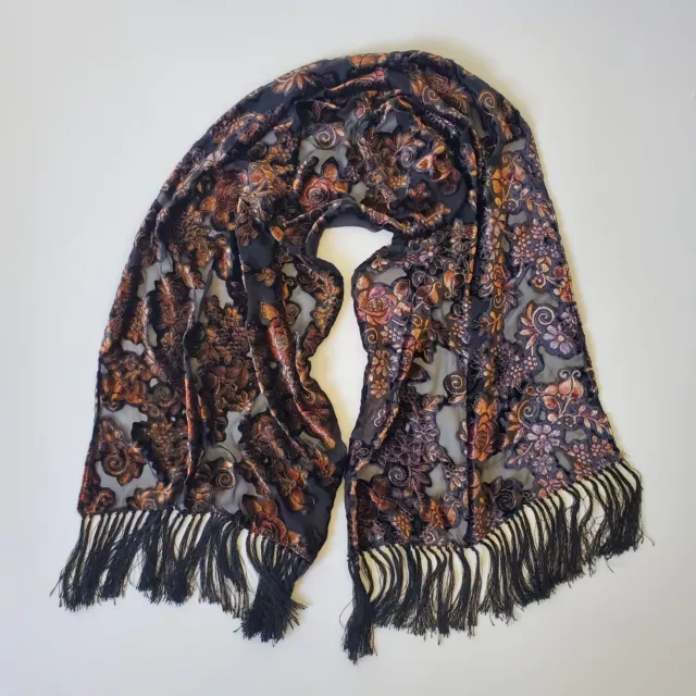 Vintage Silk Scarf Floral Velvet Burnout Fringed Rectangular Metallic