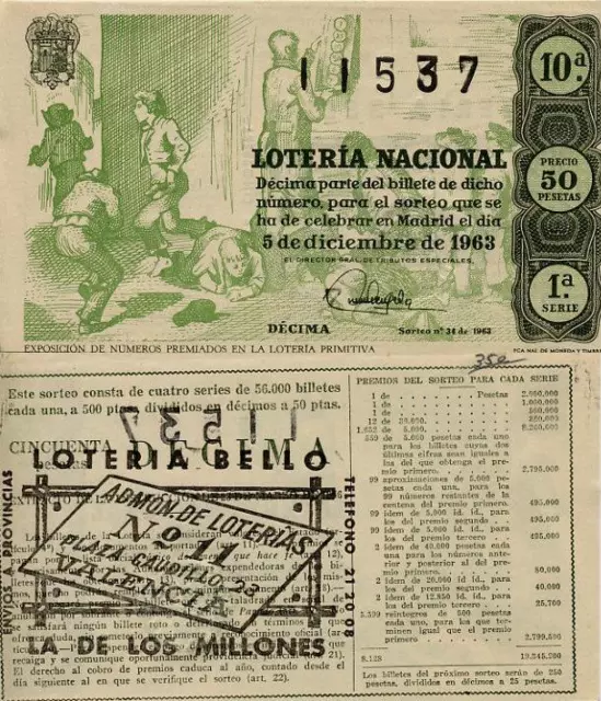 Año 1963. 50 Pts. Décima parte del billete. 5 de Diciembre. Sorteo Nº 34. 1ª S.