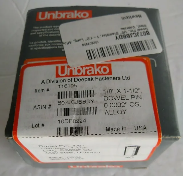Unbrako Dowel Pins 1/8" x 1 1/2" Box Of 40 Alloy Steel
