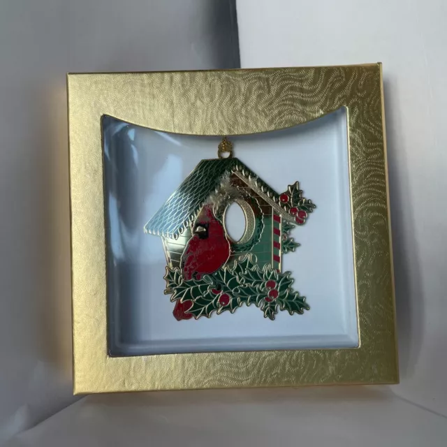 Belk 2014 Solid Brass Enameled Hanging Cardinal & Birdhouse Christmas Ornament