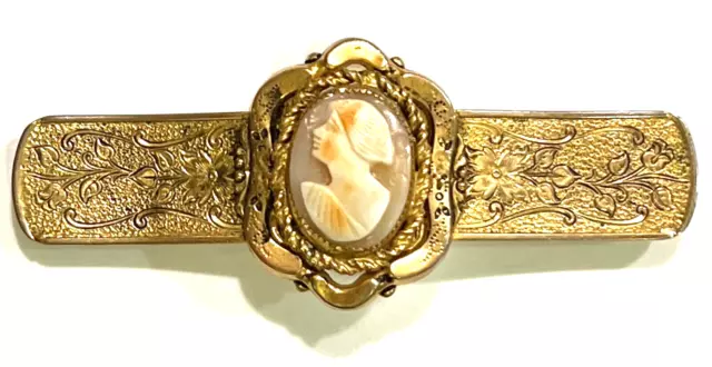 Antique Victorian Brooch Bar Pin Cameo 10K Gold Ornate Etched Floral