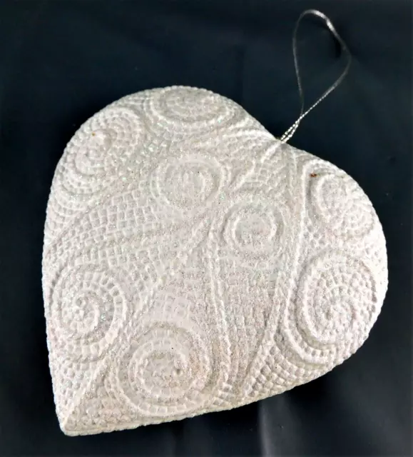 Sparkly White Puffy Heart Ornament Embellished 4" H (C-17)