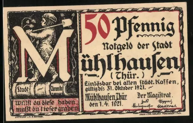 Notgeld Mühlhausen / Thür. 1921, 50 Pfennig, Bachs eigenhändiges Gesuch der Ent