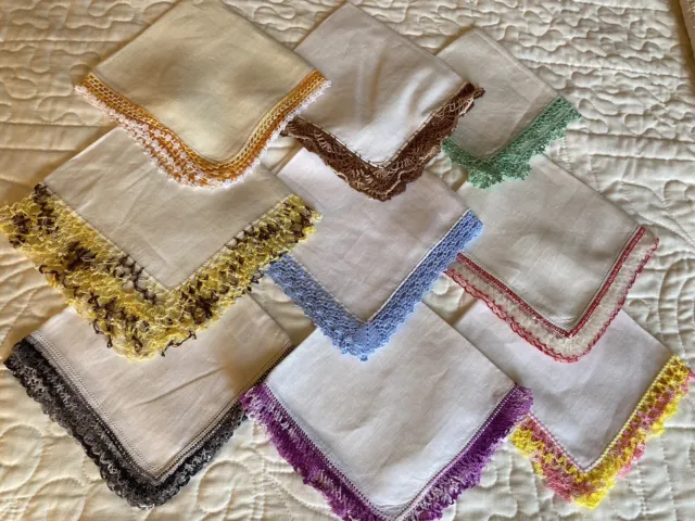 Vintage Hanky Lace Crochet Cotton Linen LOT  9 Hankies Colorful Edge.