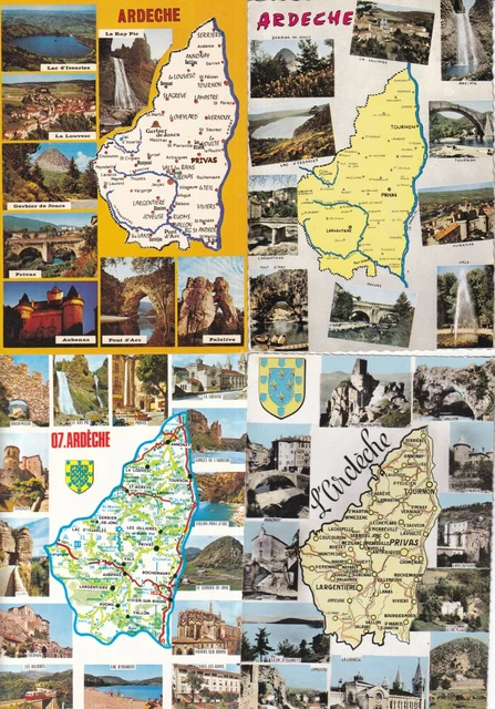Lot de 4 cartes postales anciennes postcards 10X15cm ARDECHE carte département 4