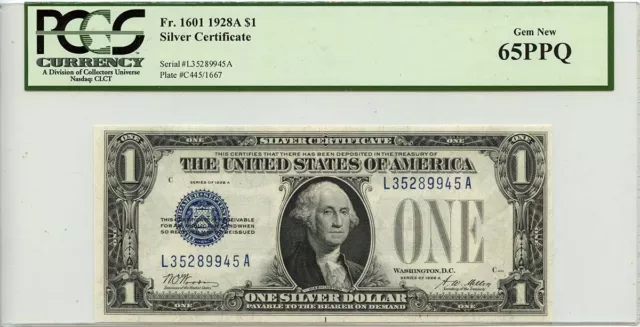 1928A $1 Silver Certificate Blue Woods Mellon Fr# 1601 PCGS GEM 65 PPQ