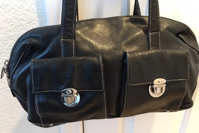 Perlina New York Buttery Soft Black Leather Large Satchel Tote Shoulder Bag