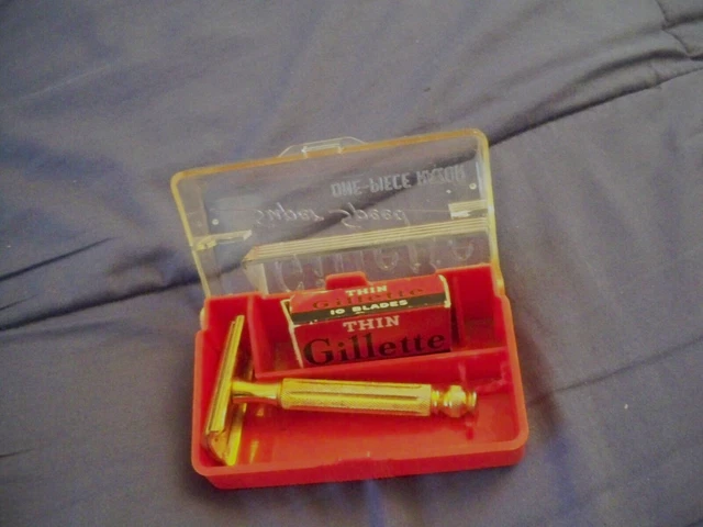 One Gillette Ball End Safety Razor (Gold Tone) With Case & Blades
