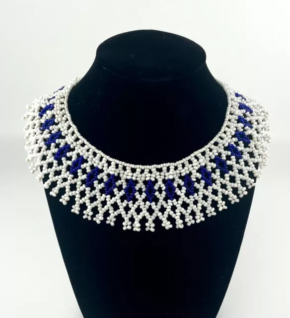 VINTAGE SEED BEAD Collar Necklace Choker White Blue $20.00 - PicClick