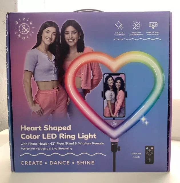 Dixie & Charli 13" Heart Shaped Color LED Ring Light Cell Phone Holder with 62"