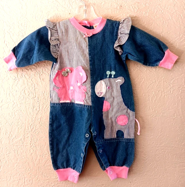 90’s Vintage Baby Jeans Overall Animal Romper Size 12 Mos  Striped Ruffles Pink