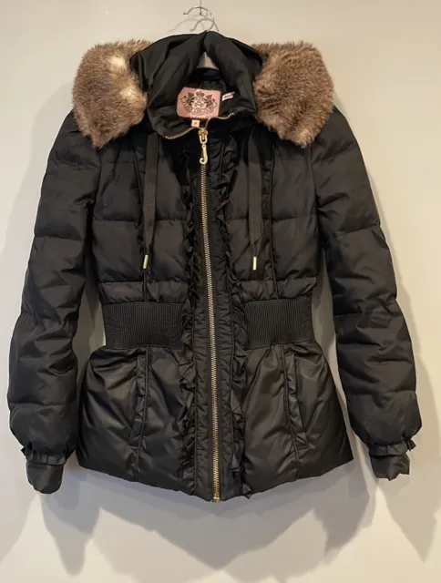 Juicy Couture Womens Black Down Faux Fur trim Jacket P XS Free Gift