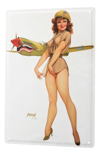Cartel de chapa Baron chica pin up sexy con sombrero de armas y piloto de caza e