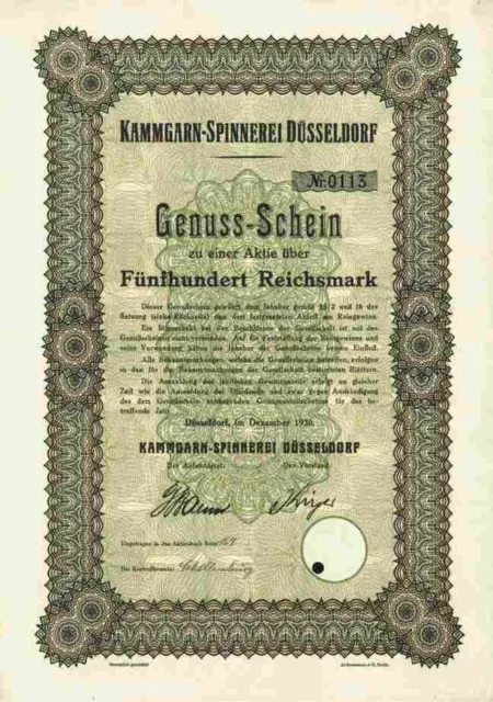 Kammgarn Spinnerei 1930 Düsseldorf  Mönchengladbach VKS Bremen Genuss Schein 500