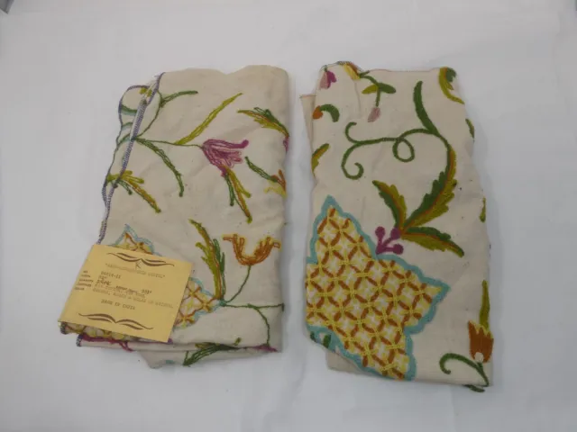 Lot Of 2 Vintage Scalamandre Hand-Embroidered Crewel Fabric Samples Floral 52"