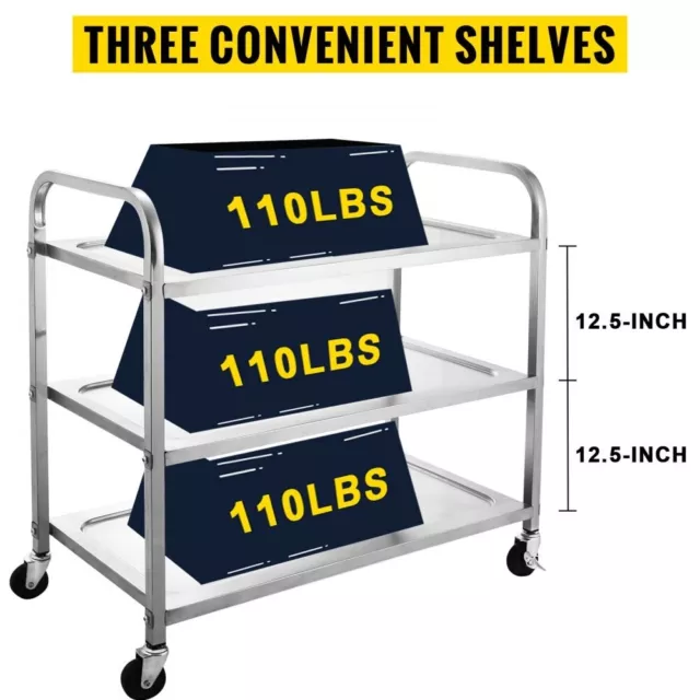 Rolling Cart 3-Shelf Stainless Steel Commercial Bus Kitchen Food Serving Cart 3