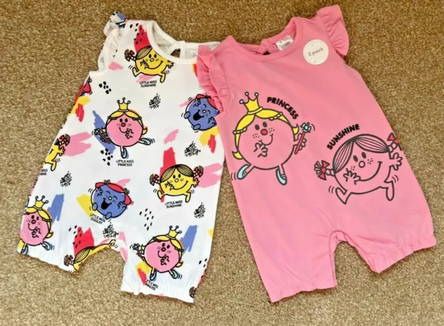 F&F Pack of 2 MR MEN LITTLE MISS Baby Girls Romper Suits Outfits Up to 1 Month