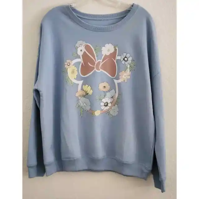 Sweatshirt-Disney-Minnie Mouse-Floral-Light Buff Blue-3/4 Length Sleeves-Size L
